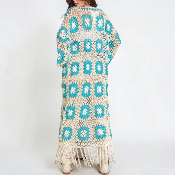 POL OS Crochet Granny Square Duster Cardigan Blue White Fringe Boho Coverup Y2K - Picture 6 of 10